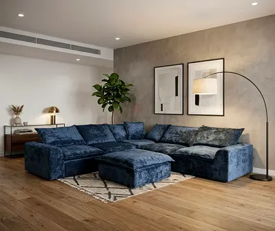 Premium Blue Fabric Sofa Set, 5 Single Seats and 1 Stool.
