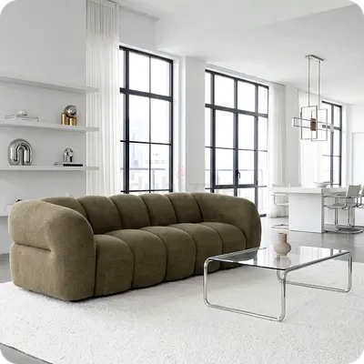 Plush Curved 3-Seater Sofa in Olive Green — Modern Comfort