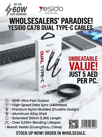 Wholesale Yesido CA78 Dual Type-C Cable 60W