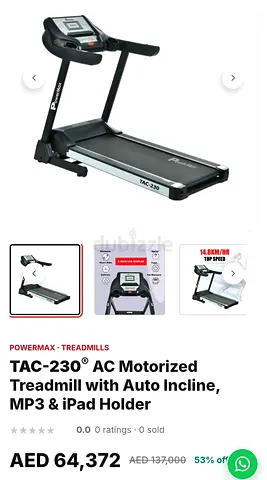 PowerMax TAC-230 AC Motorized Treadmill with Incline, MP3 & iPad Holder