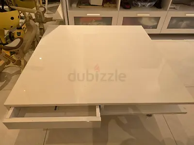 White glossy square coffee table with hidden drawer - good condition