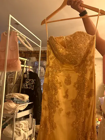 Gold embellished evening gown, size likely M - good condition