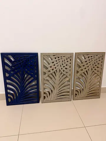 Decorative Wall Panels — 2 Grey and 1 Blue Carved Wood