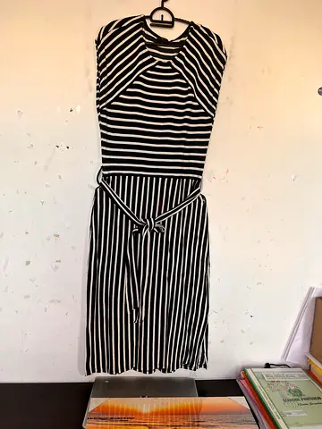 Black & white striped sleeveless midi dress with waist tie