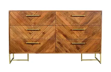 Solid Wood 6-Drawer Dresser with Brass Handles and Metal Legs