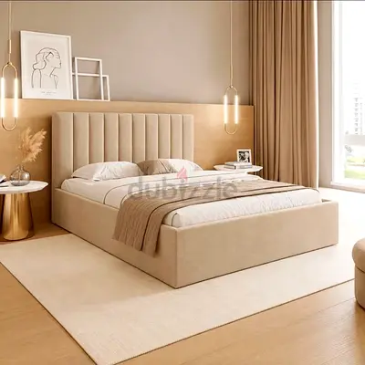 Beige Upholstered Platform Bed with Padded Headboard - Queen (brand New)
