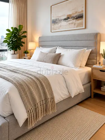Comfortable Upholstered Bed – Thick Cushioned Headboard – Soft Beige Fabric