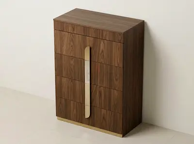 Tall walnut chest of drawers with gold handle and base