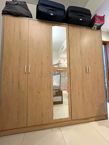 5-Door Wooden Wardrobe with Center Mirror - Good Condition