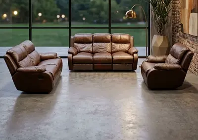 3-piece brown leather reclining sofa set — good condition