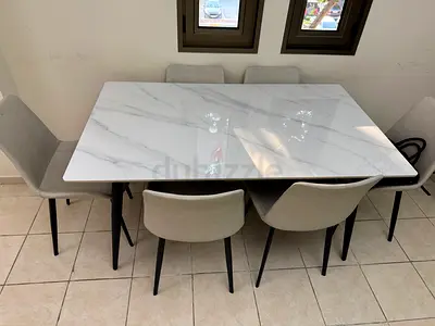 White Marble-Top Dining Table with 6 chair - Good Condition brought from home box 3 years back