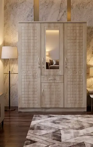 Light Wood 3-Door Wardrobe with Center Mirror and Drawers