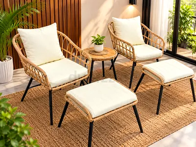 Rattan-style 4-piece patio seating set with cushions (2 chairs, 2 footstools)