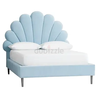Light Blue Velvet Shell Headboard Bed - Queen Size