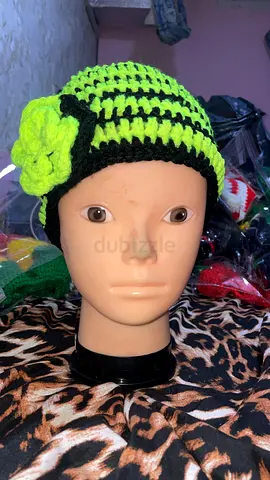Handmade Neon Green & Black Crochet Beanie with Flower - Women's