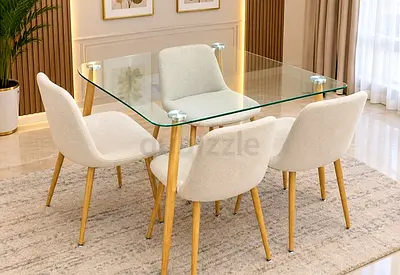 Modern glass top dining table with 4 upholstered chairs
