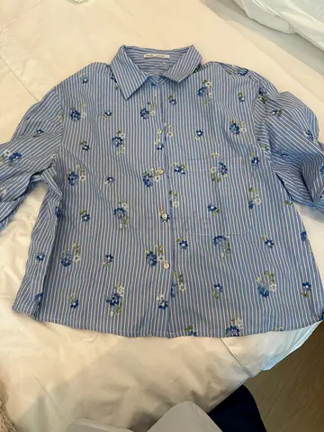 Light blue striped embroidered floral blouse - women's long sleeve top