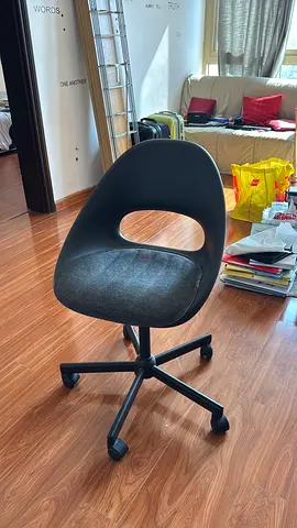 Modern black swivel office chair with fabric seat — good condition