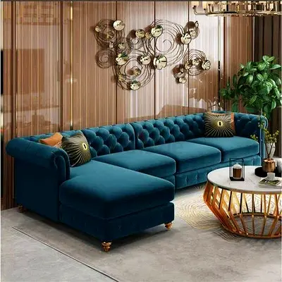 Teal Velvet Tufted L-Shaped Sofa with Chaise