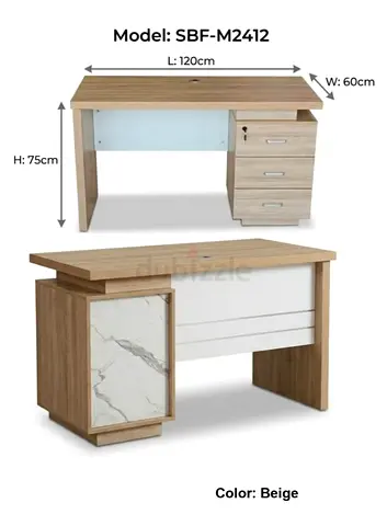 Beige Office Desk with Drawers and Marble Accent - 120cm x 60cm