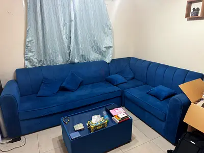 Blue L-shaped Velvet Corner Sofa — Good Condition