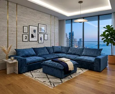 Blue Fabric Wingback Sofa Collection with Matching Stool. Elegant Style.