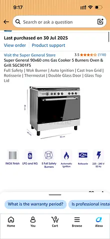 Super General 90x60 cm 5-Burner Gas Cooker with Oven (Stainless Steel)