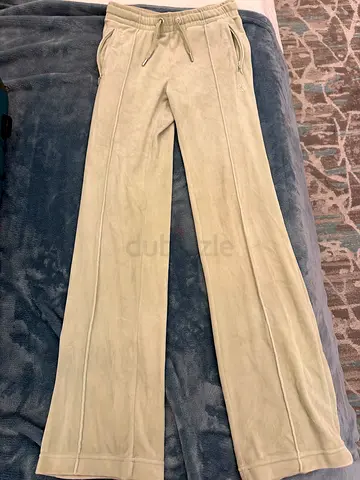 Beige suede-look women's flare trousers, size approx xs