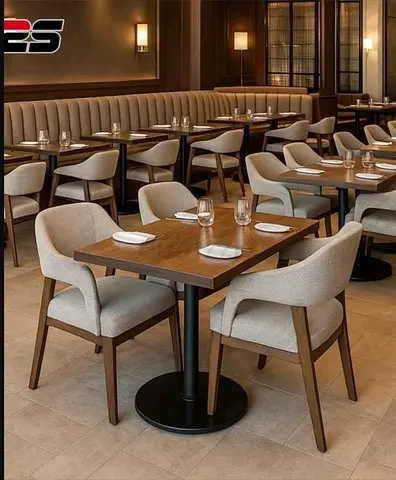Set of Modern Wooden Dining Tables and Upholstered Chairs (Restaurant Style)