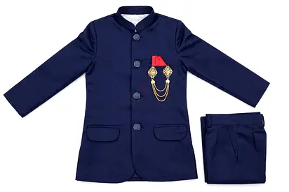 Boys Navy Blue Sherwani-Style Suit Set with Decorative Brooch (Size: kids) .New .