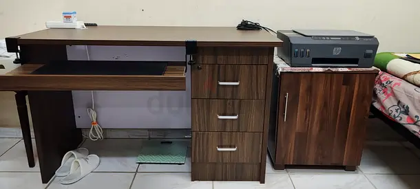 Wooden Office Study Desk with Drawer Unit and Side Cabinet - Good Condition