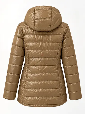 Lightweight khaki women's puffer jacket with hood - size M, L,XL