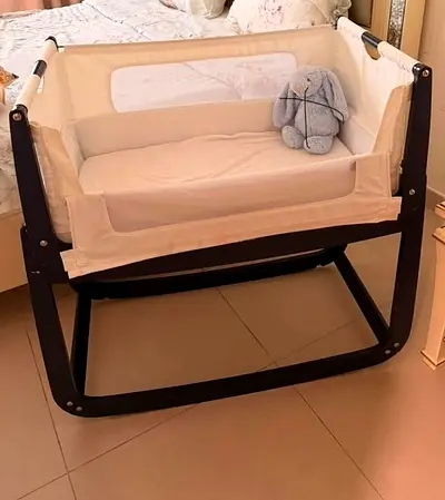 Bedside bassinet / cradle with rocking frame - beige, gently used