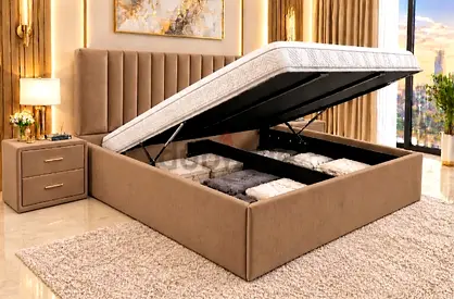 Upholstered Ottoman Storage Bed with Headboard - King Size (Beige)