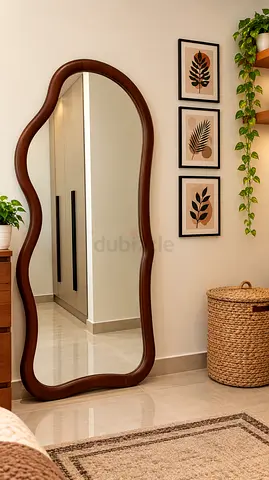 Full-length wavy wooden frame mirror - free standing