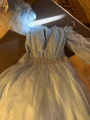 Light blue tulle evening/prom dress with crystal embellishments
