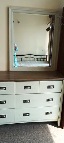 White Wooden Dresser with Large Matching Mirror - Good Condition