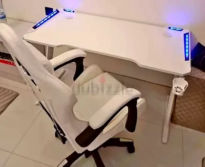 White gaming/office desk with LED lights and cup holder - good condition