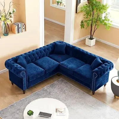 Blue Velvet Chesterfield L-Shaped Sofa — 3-Seater Corner