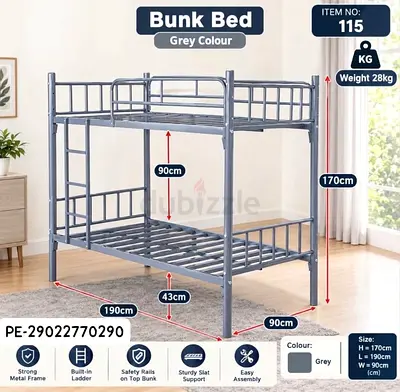 Grey Metal Bunk Bed with Ladder — Double Over Double, Sturdy Frame