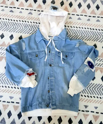 Light Blue Distressed Denim Jacket with Attached White Hoodie - Unisex