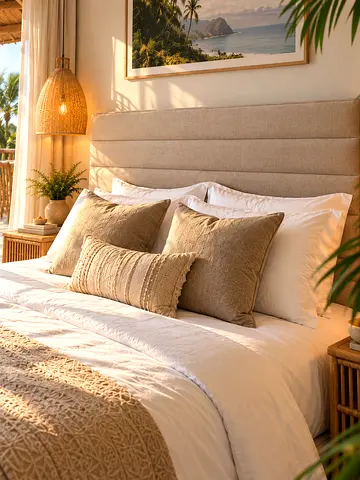 Comfortable Upholstered Bed – Thick Cushioned Headboard – Soft Beige Fabric