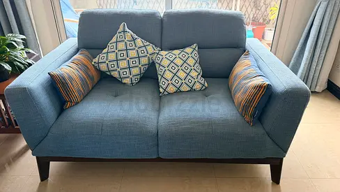 Blue 2-Seater Sofa with Cushions — Good Condition