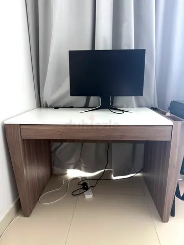 Compact wood finish study desk with white top with drawer- good condition
