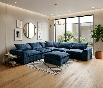Attractive Blue Wingback Sofa Set, Fabric Material, 5 Seater + Stool.1. A