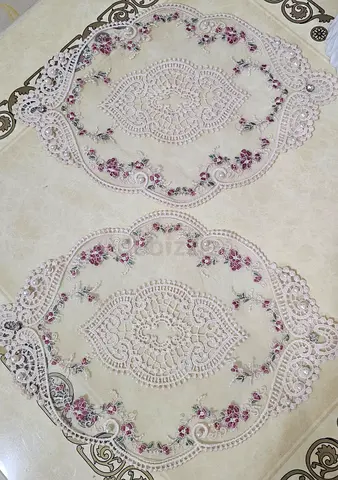 Floral Embroidered lace fabric Place Mats with pearl accents - light ivory