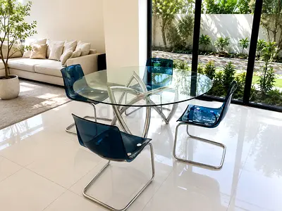Glass Round Dining Table with 4 Modern Transparent Blue Chairs