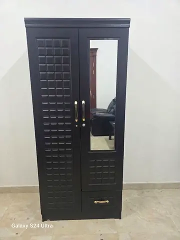 Dark wood wardrobe with mirror and drawer - compact single wardrobe