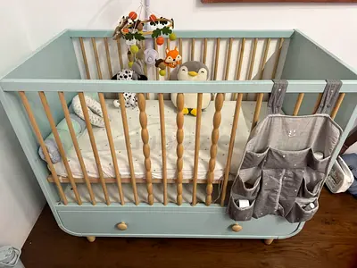 Ikea Wooden Baby Crib with Drawer — Mint Green, Good Condition