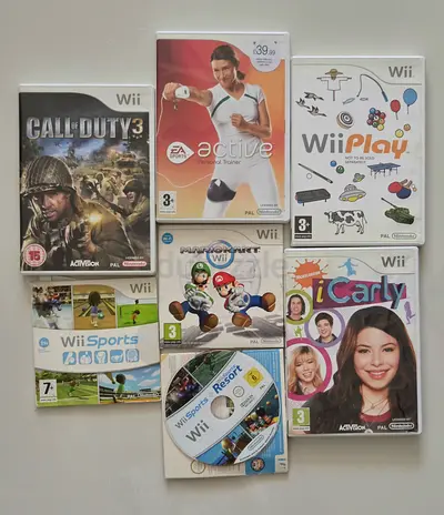 Lot of 8 Nintendo Wii Games (Mario Kart, Wii Sports, Wii Play, iCarly, more) only for 100 aed